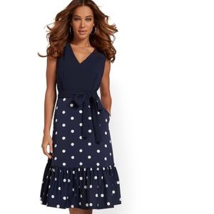 New York & Co Blue Polka Dot Sleeveless V-Neck Midi Dress Medium NWT